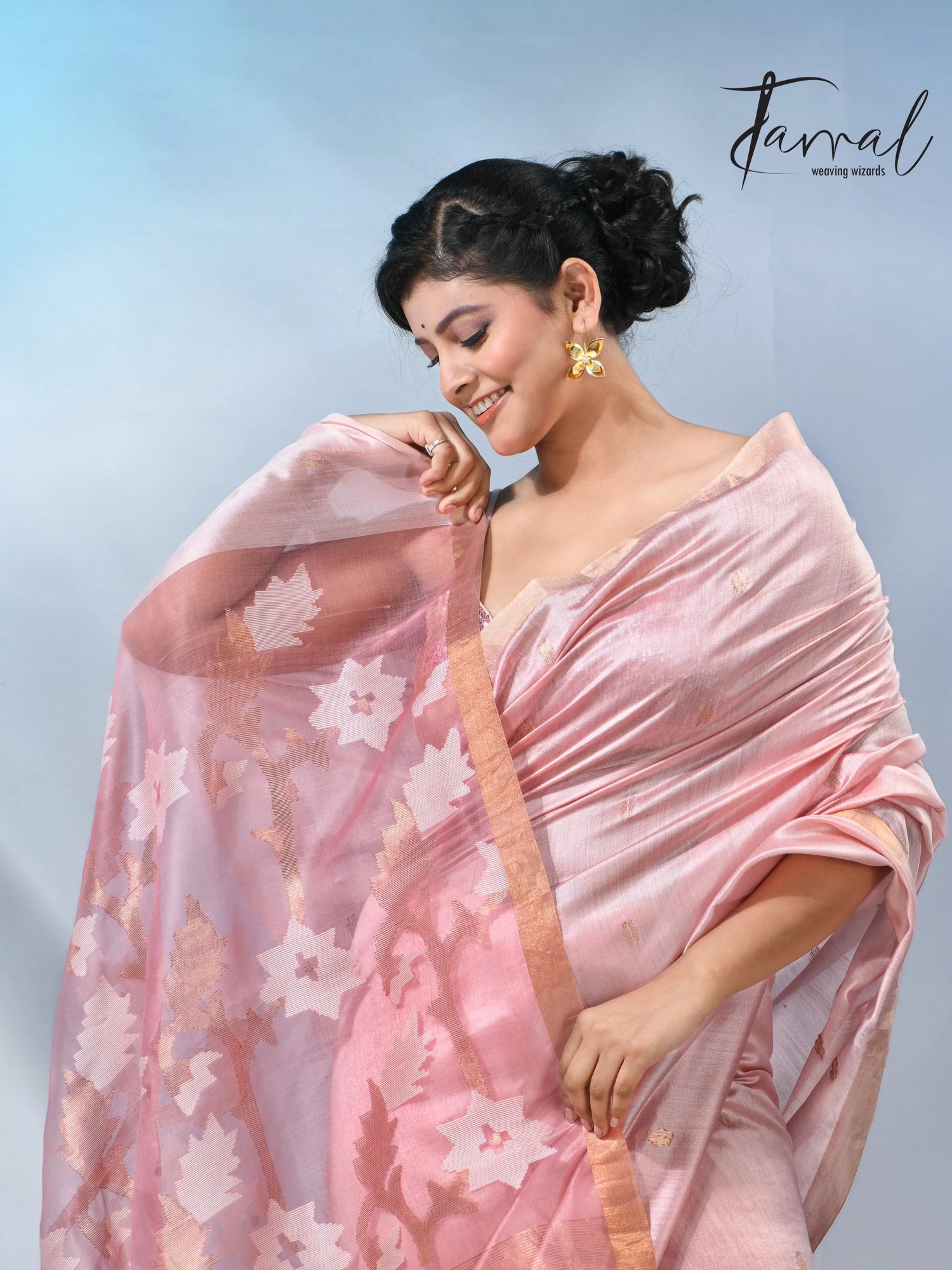 Baby pink with border bangalore silk handwoven jamdani saree