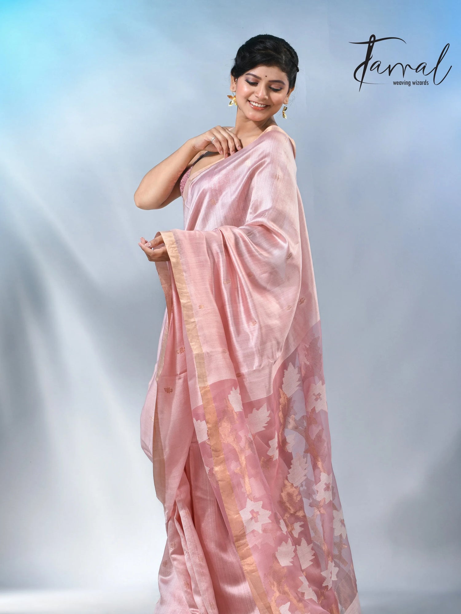 Baby pink with border bangalore silk handwoven jamdani saree