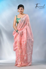 Baby pink with border in silk linen handwoven jamdani saree
