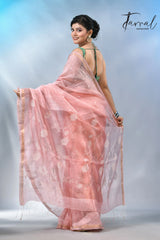 Baby pink with border in silk linen handwoven jamdani saree