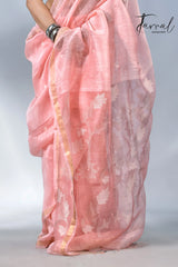 Baby pink with border in silk linen handwoven jamdani saree