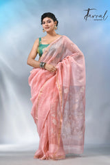 Baby pink with border in silk linen handwoven jamdani saree