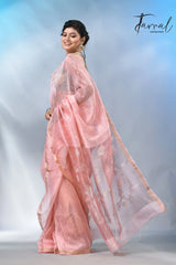 Baby pink with border in silk linen handwoven jamdani saree