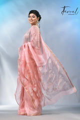 Baby pink with border in silk linen handwoven jamdani saree