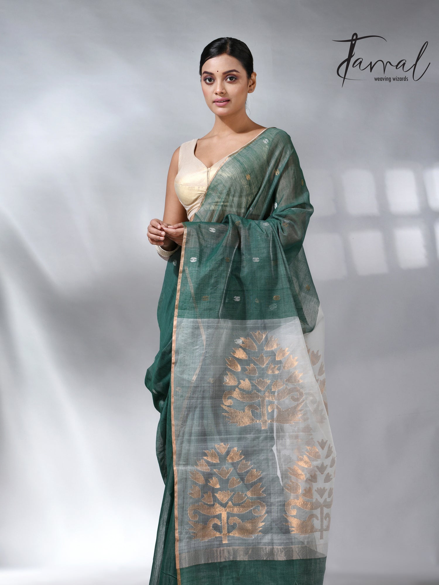 Bamboo green zari border silk cotton handwoven jamdani saree