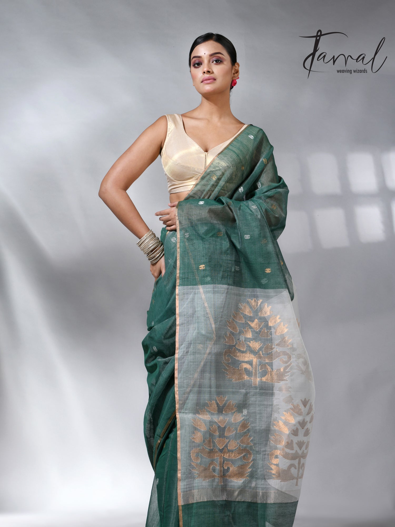 Bamboo green zari border silk cotton handwoven jamdani saree