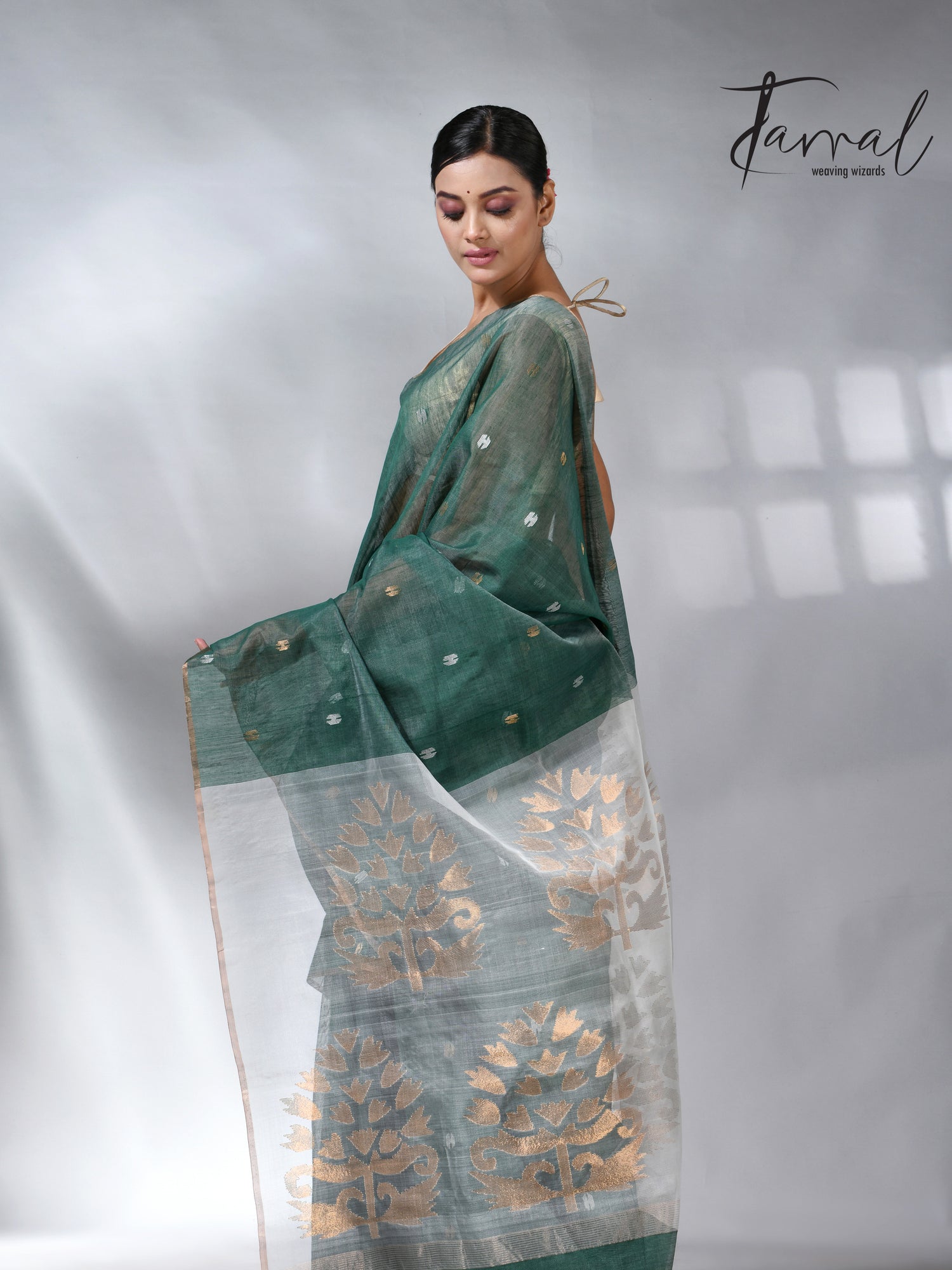 Bamboo green zari border silk cotton handwoven jamdani saree