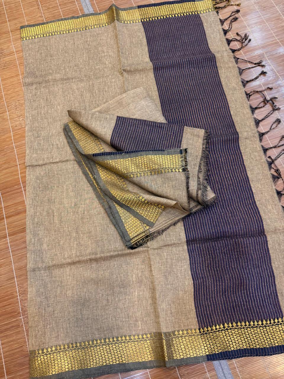 Beige Tissue Linen Kurti and Dupatta Set a Zari Border full2