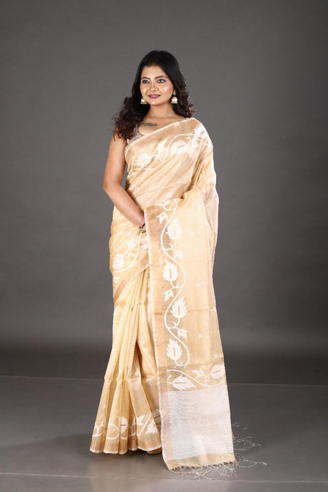 Beige colour with zari border & white floral motifs handwoven tussar silk jamdani saree - Tamal Boutique
