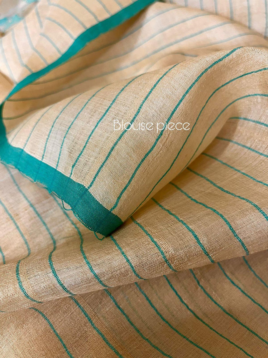 Beige with Firoza colour traditional jamdani saree in Tussar silk - Tamal Boutique