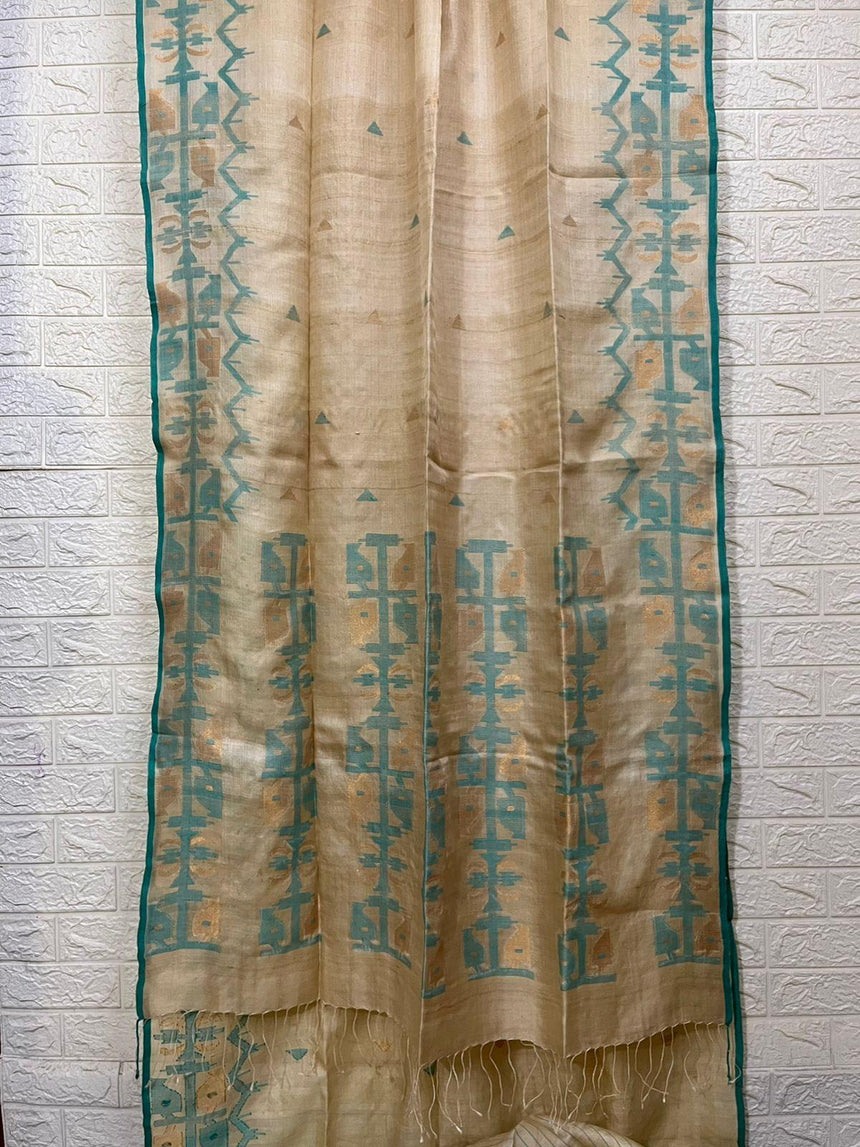 Beige with Firoza colour traditional jamdani saree in Tussar silk - Tamal Boutique