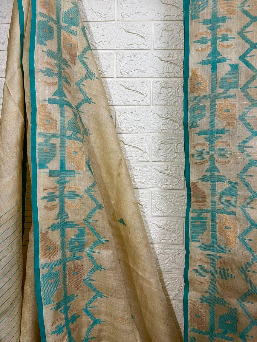 Beige with Firoza colour traditional jamdani saree in Tussar silk - Tamal Boutique