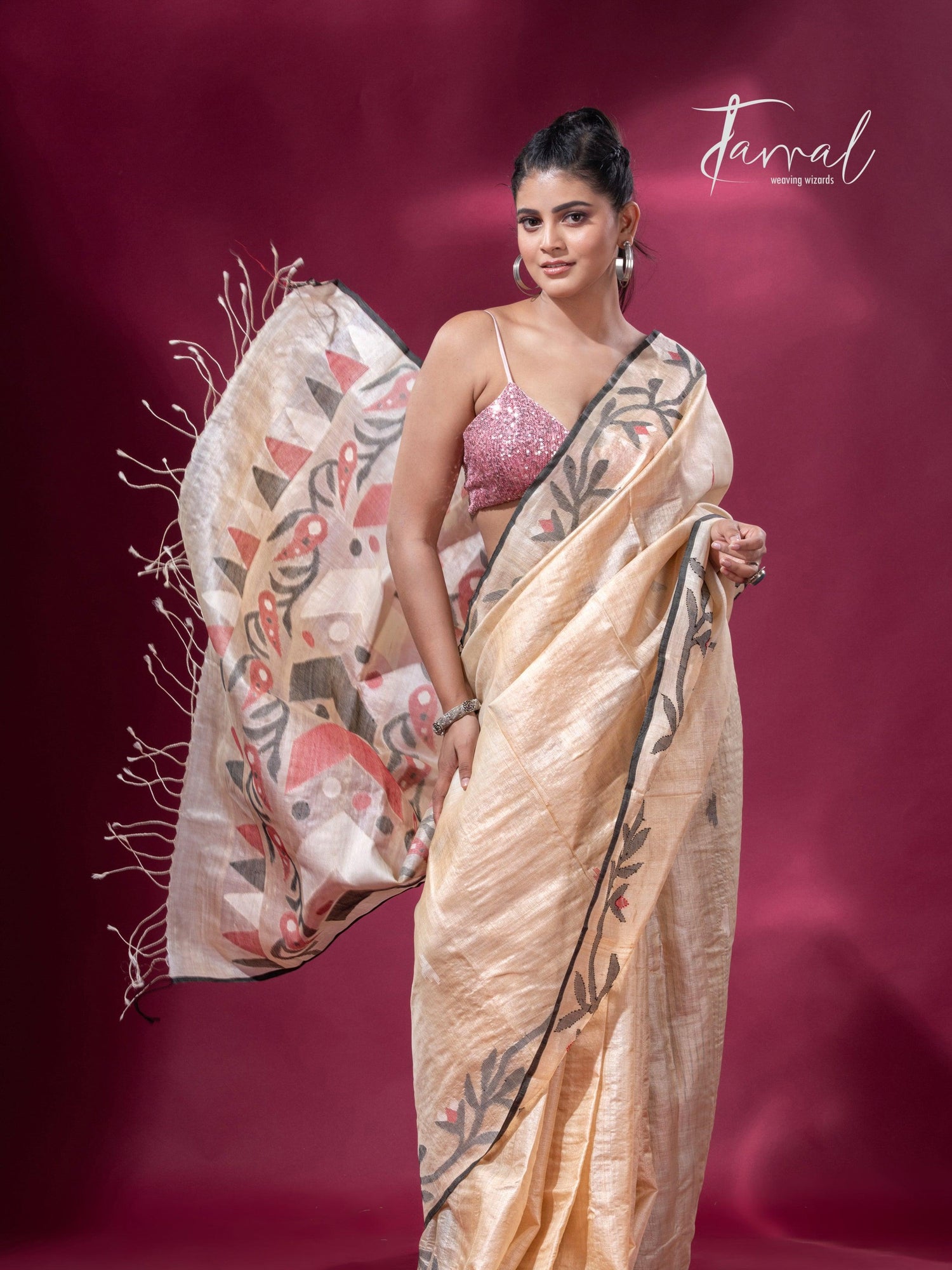 Beige with black floral border Tussar silk handwoven jamdani saree