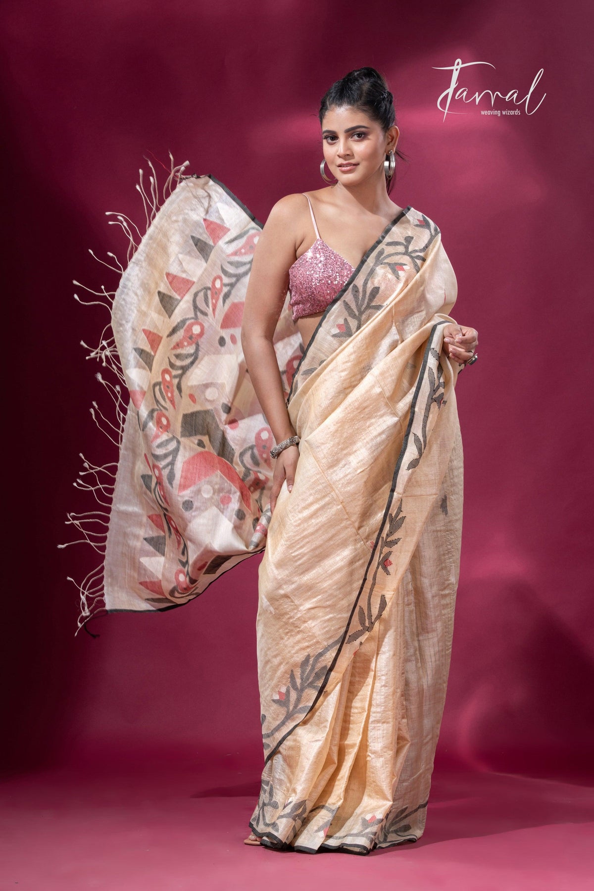 Beige with black floral border Tussar silk handwoven jamdani saree