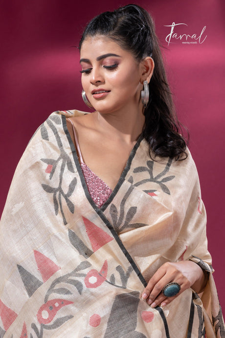 Beige with black floral border Tussar silk handwoven jamdani saree1