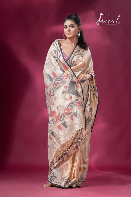 Beige with black floral border Tussar silk handwoven jamdani saree5