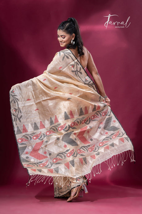 Beige with black floral border Tussar silk handwoven jamdani saree back