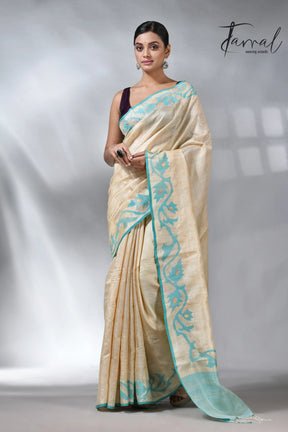 Beige with firoza lata in tusser silk handwoven jamdani saree