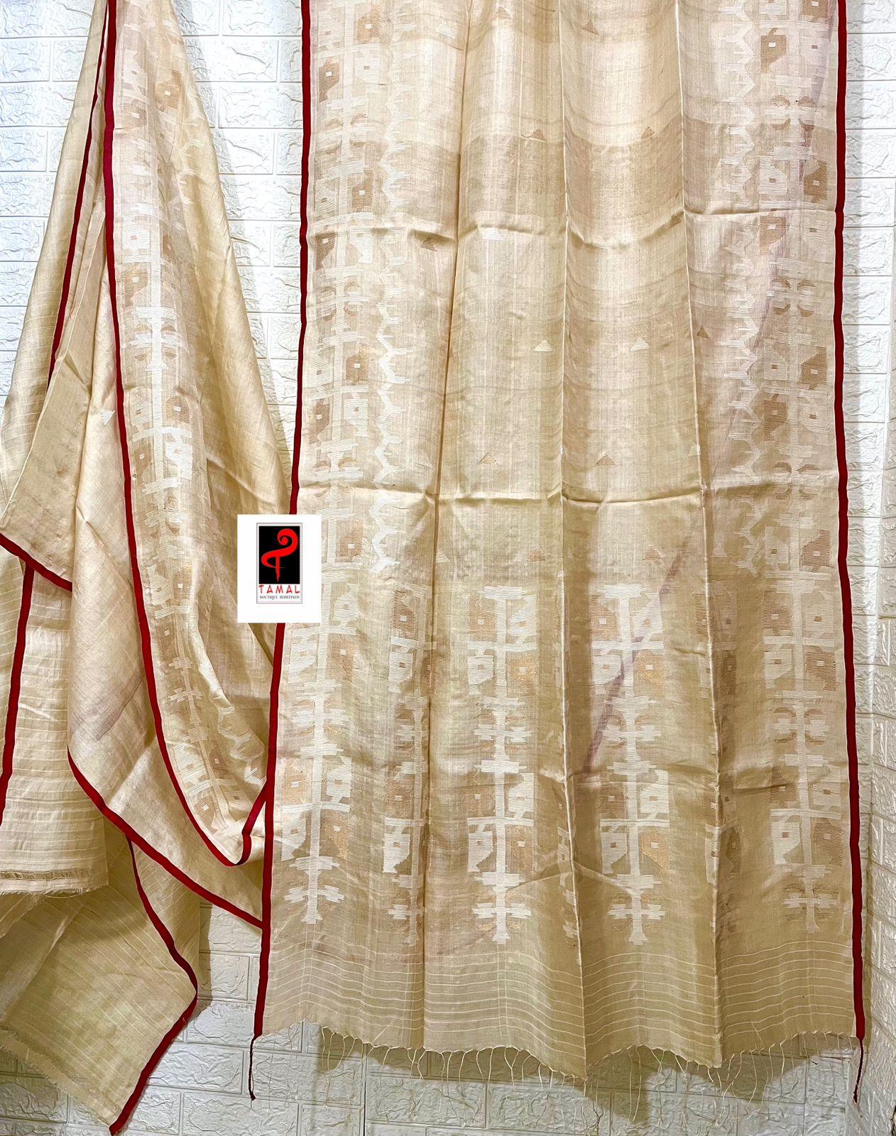 Beige with red border traditional handwoven jamdani saree in tusser silk - Tamal Boutique