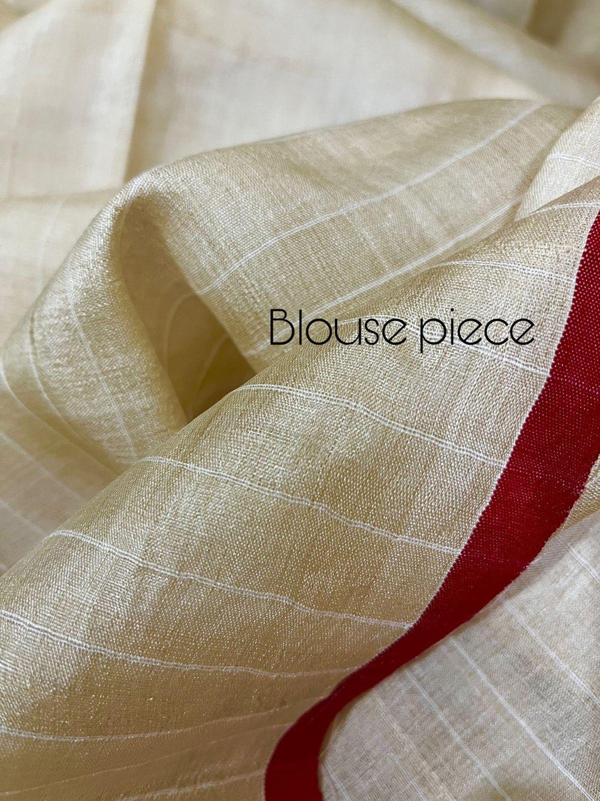 Beige with red border traditional handwoven jamdani saree in tusser silk - Tamal Boutique