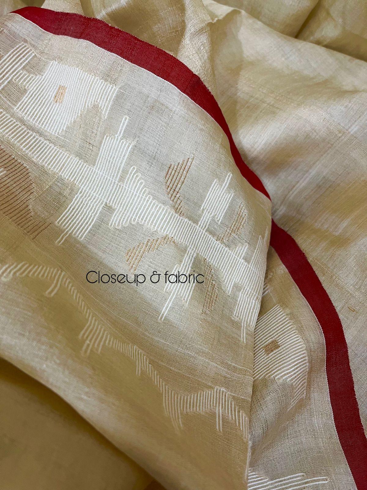 Beige with red border traditional handwoven jamdani saree in tusser silk - Tamal Boutique