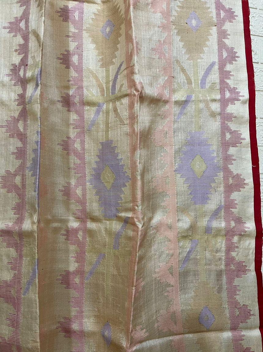Beige with red border dhakai jamdani tussar silk handwoven jamdani saree - Tamal Boutique
