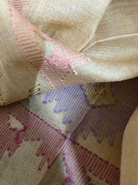 Beige with red border dhakai jamdani tussar silk handwoven jamdani saree - Tamal Boutique