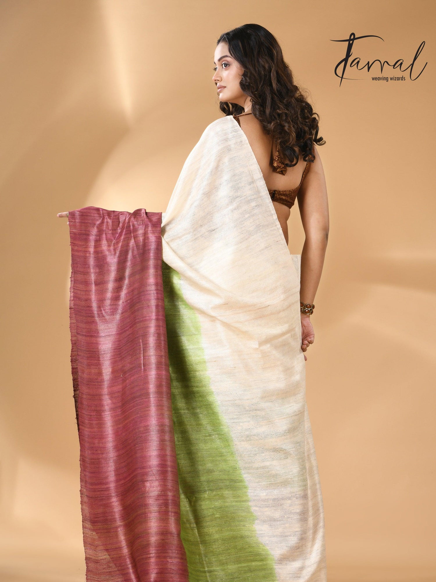 Bhagalpuri Tussar Handloom Silk Saree blend green and maroon back