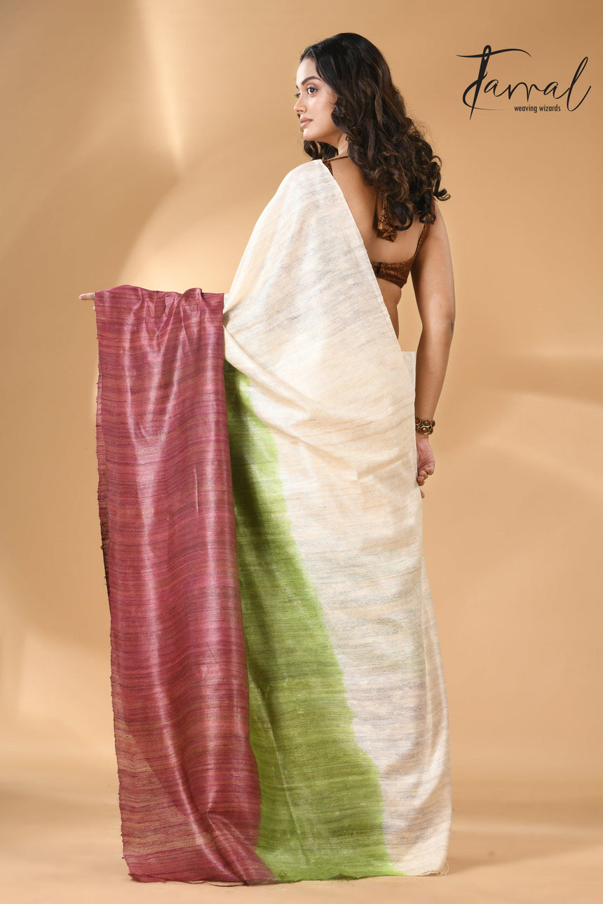 Bhagalpuri Tussar Handloom Silk Saree blend green and maroon back
