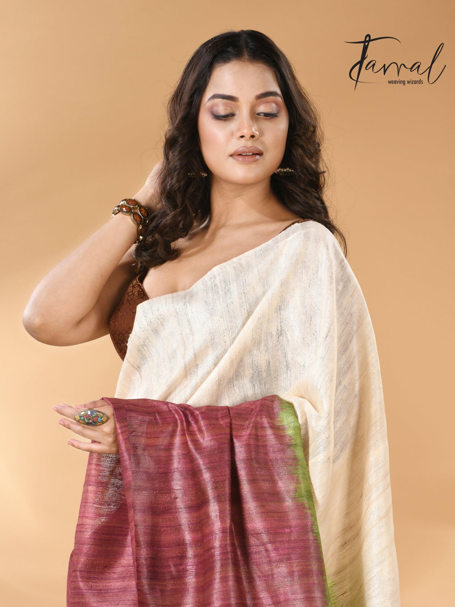 Bhagalpuri Tussar Handloom Silk Saree blend green and maroon cls