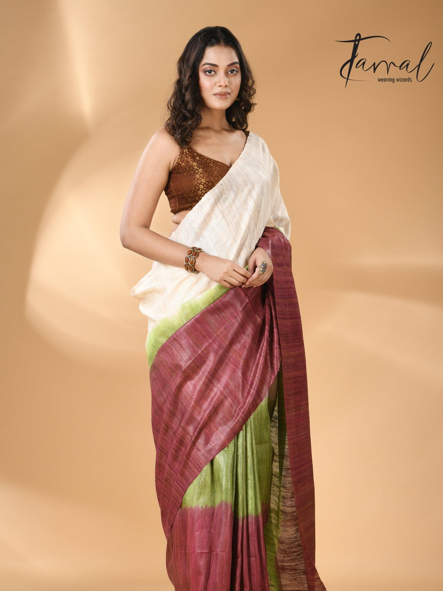 Bhagalpuri Tussar Handloom Silk Saree blend green and maroon full