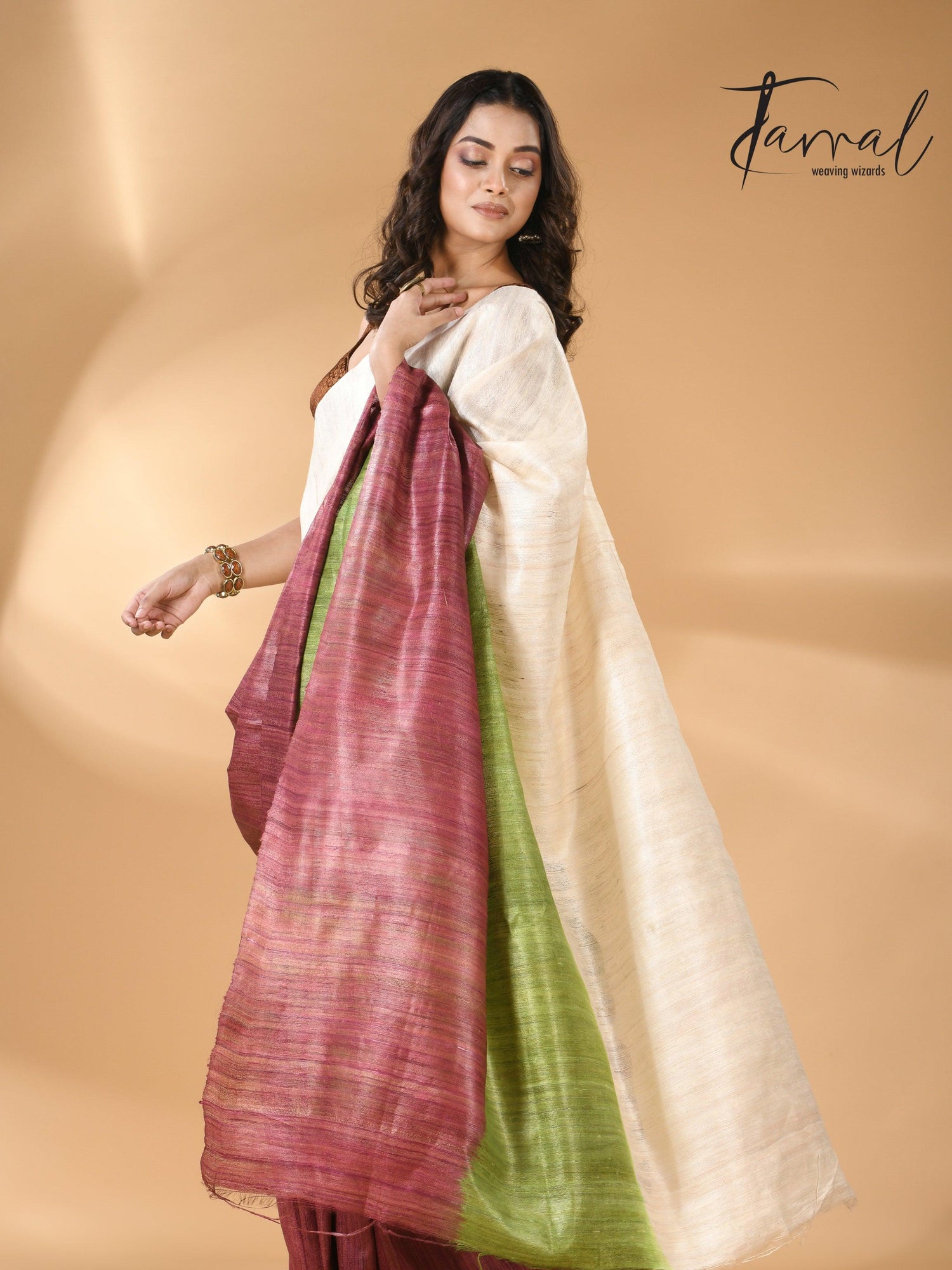 Bhagalpuri Tussar Handloom Silk Saree blend green and maroon left