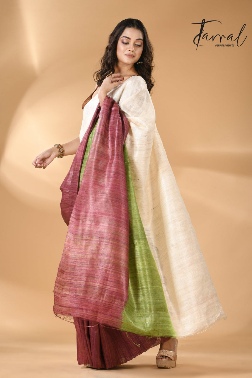 Bhagalpuri Tussar Handloom Silk Saree blend green and maroon left