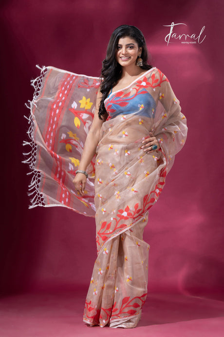 Biscuit red lata soft muslin handloom dhakai jamdani saree