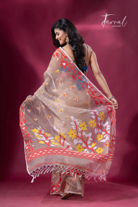 Biscuit red lata soft muslin handloom dhakai jamdani saree bach