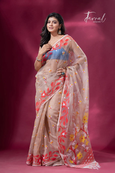 Biscuit red lata soft muslin handloom dhakai jamdani saree full