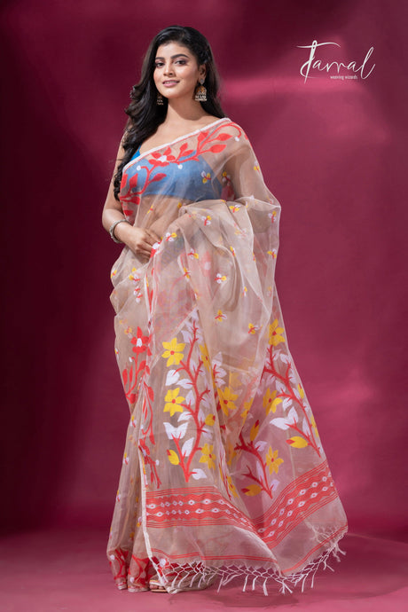 Biscuit red lata soft muslin handloom dhakai jamdani saree right