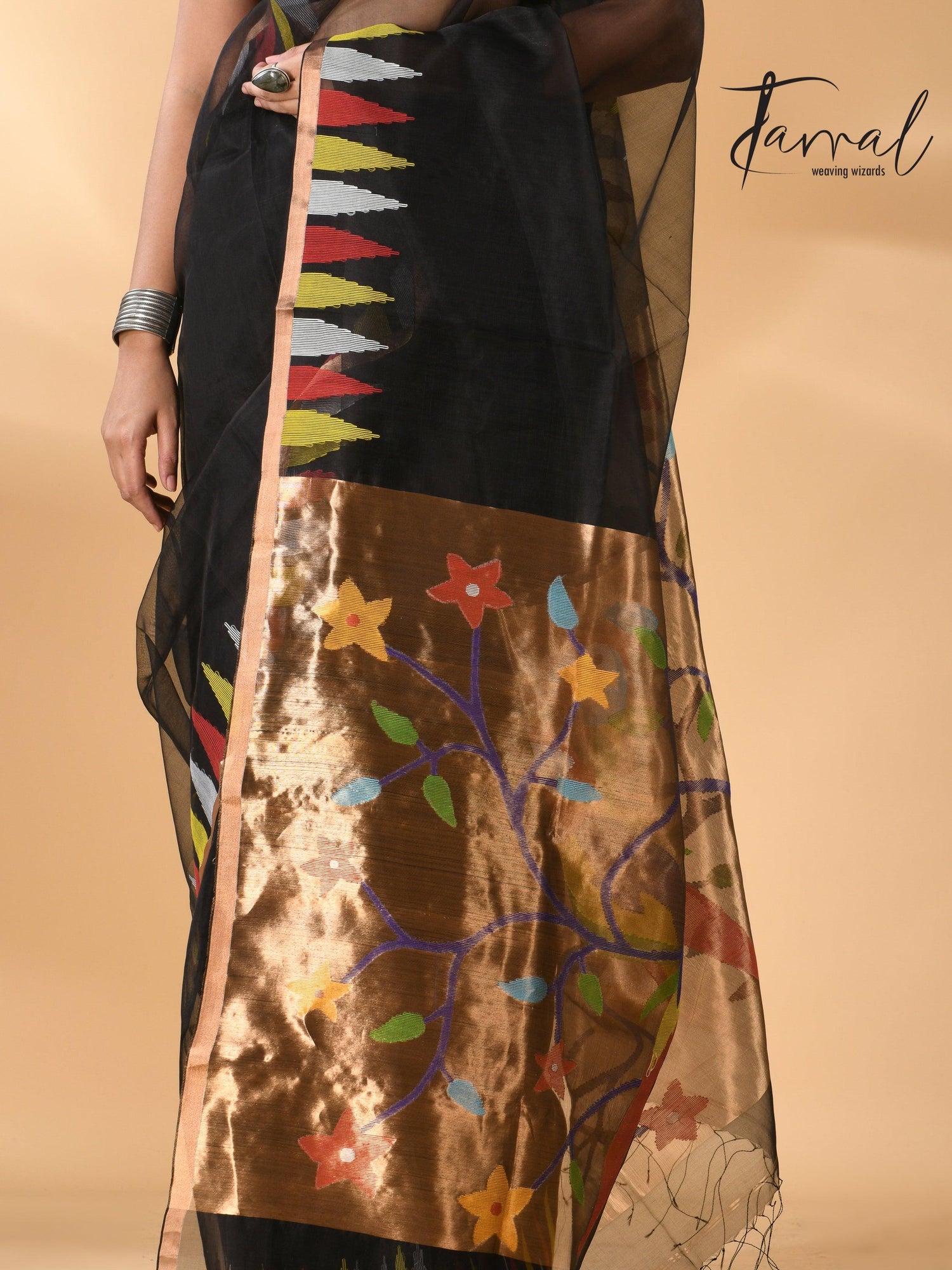 Black Parrot Paithani temple border pure muslin silk handwoven jamdani saree bottom