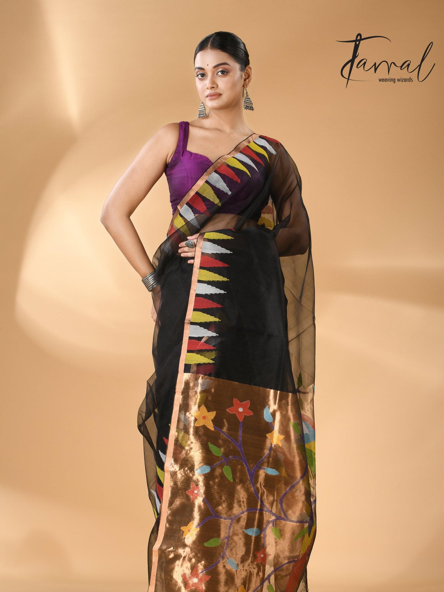 Black Parrot Paithani temple border pure muslin silk handwoven jamdani saree full