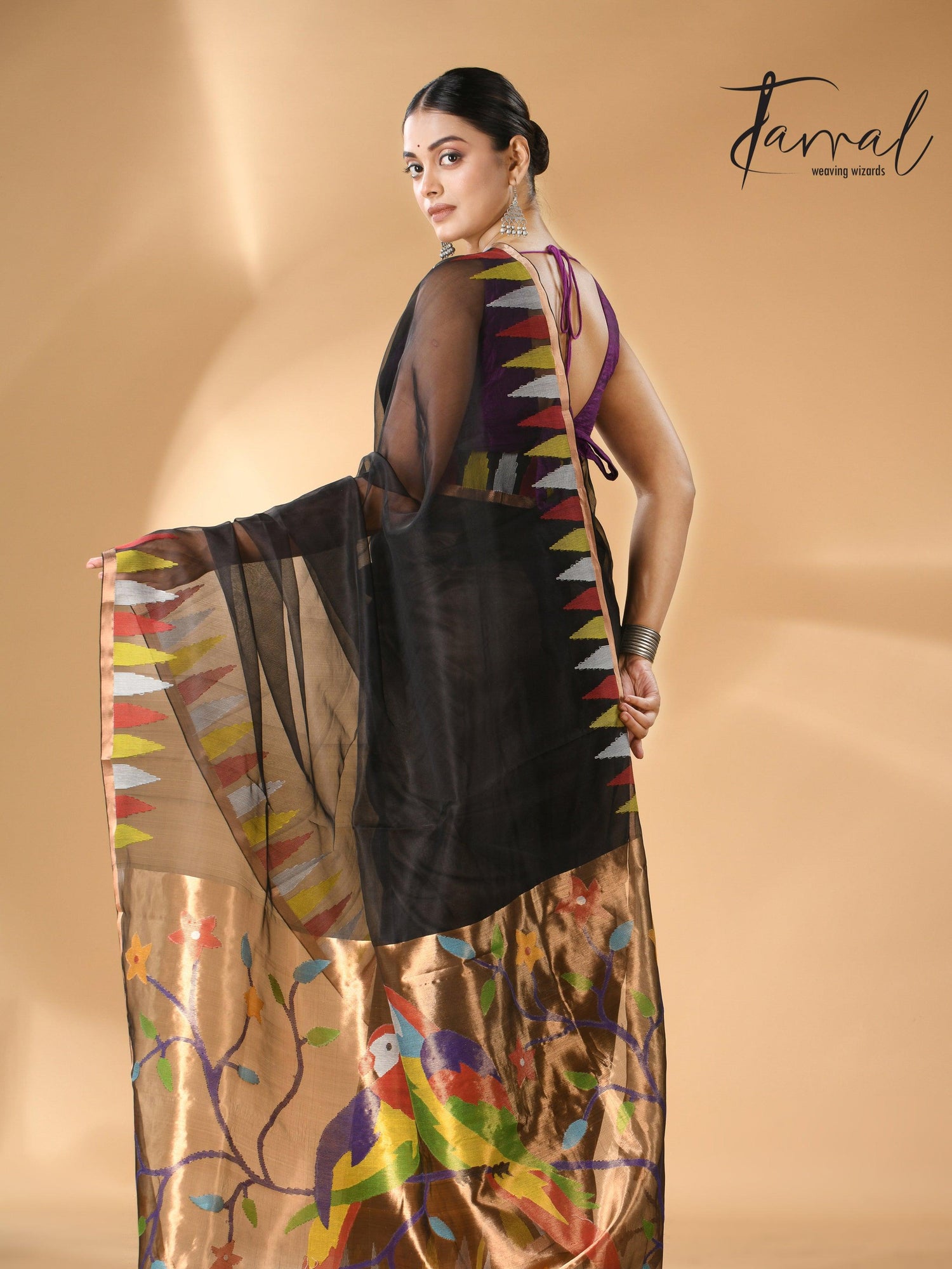 Black Parrot Paithani temple border pure muslin silk handwoven jamdani saree lback