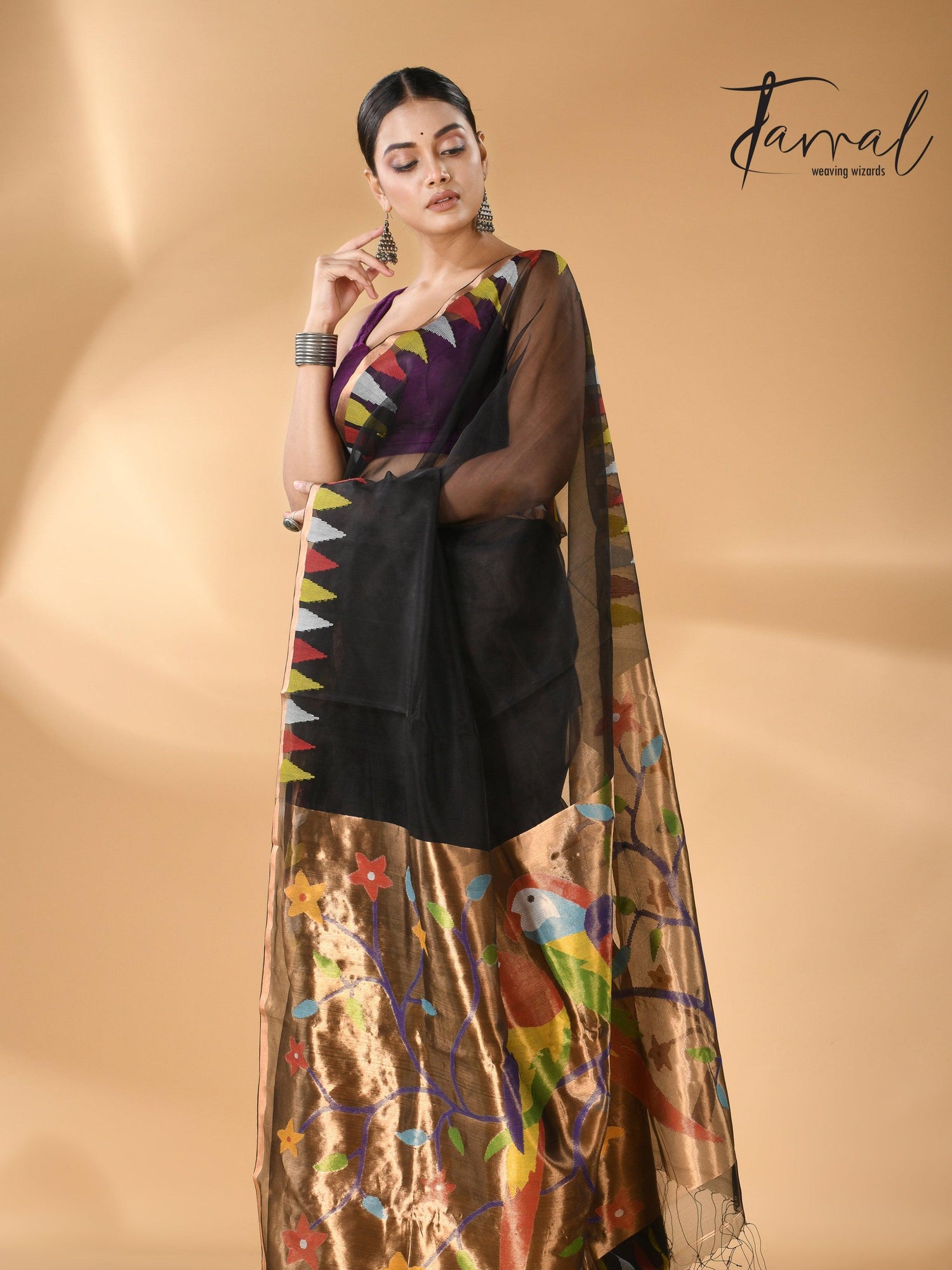 Black Parrot Paithani temple border pure muslin silk handwoven jamdani saree left