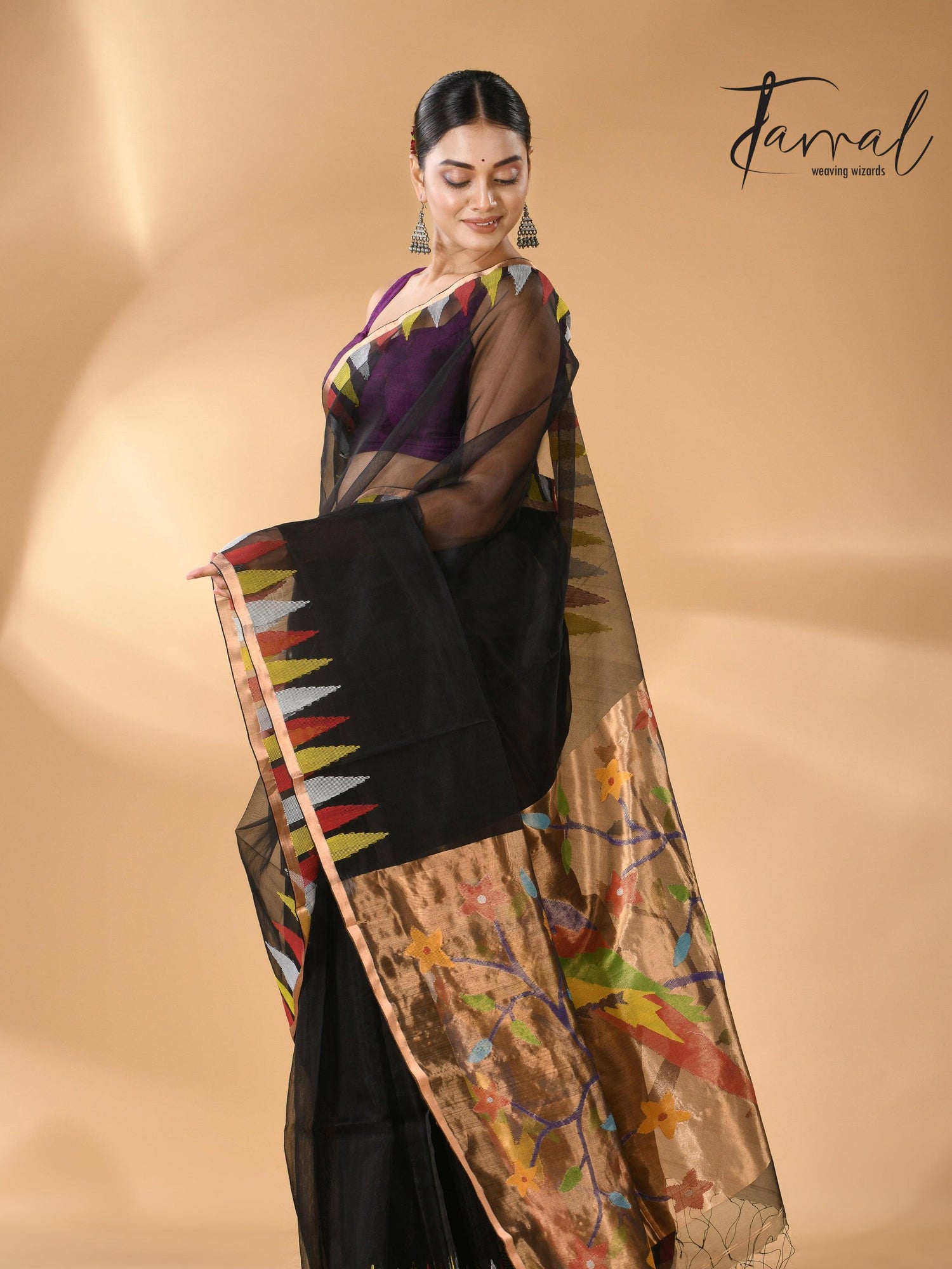 Black Parrot Paithani temple border pure muslin silk handwoven jamdani saree left3