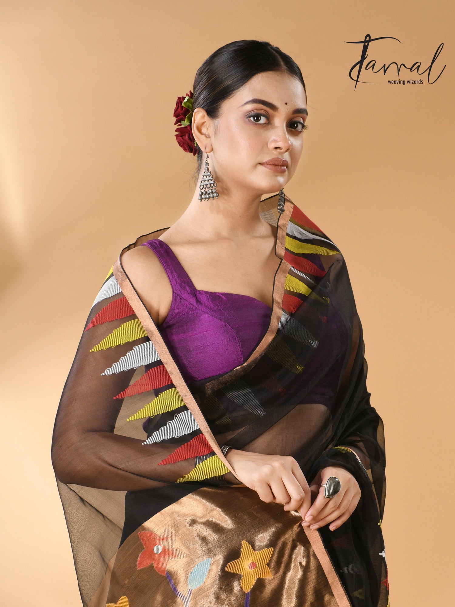 Black Parrot Paithani temple border pure muslin silk handwoven jamdani saree right