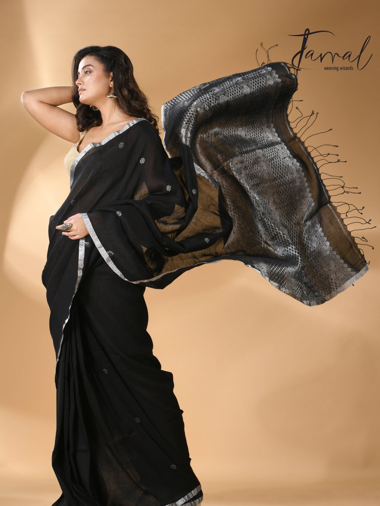 Black Pure Linen Handloom Saree with Silver Unique Border