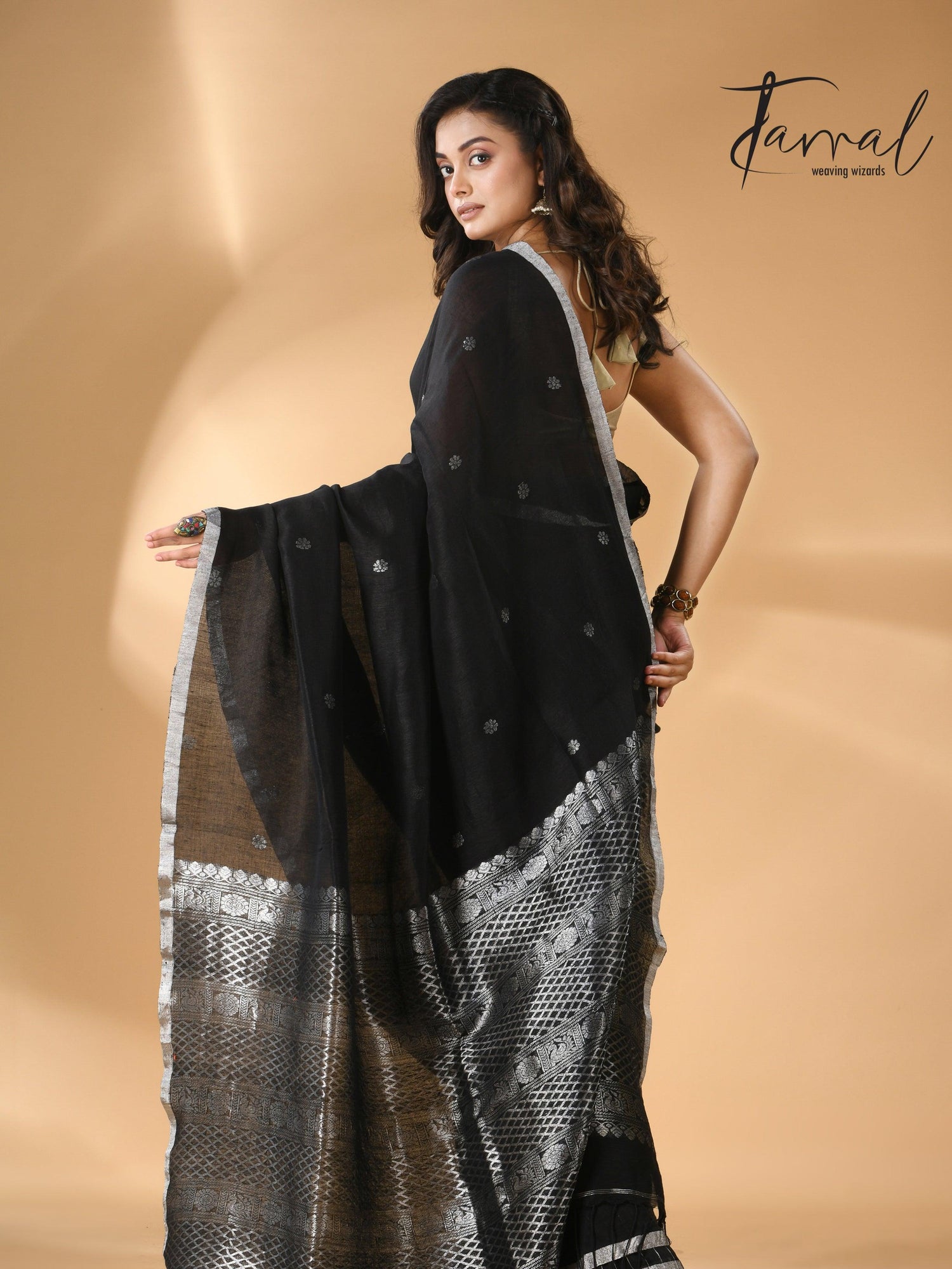 Black Pure Linen Handloom Saree with Silver Unique Border back