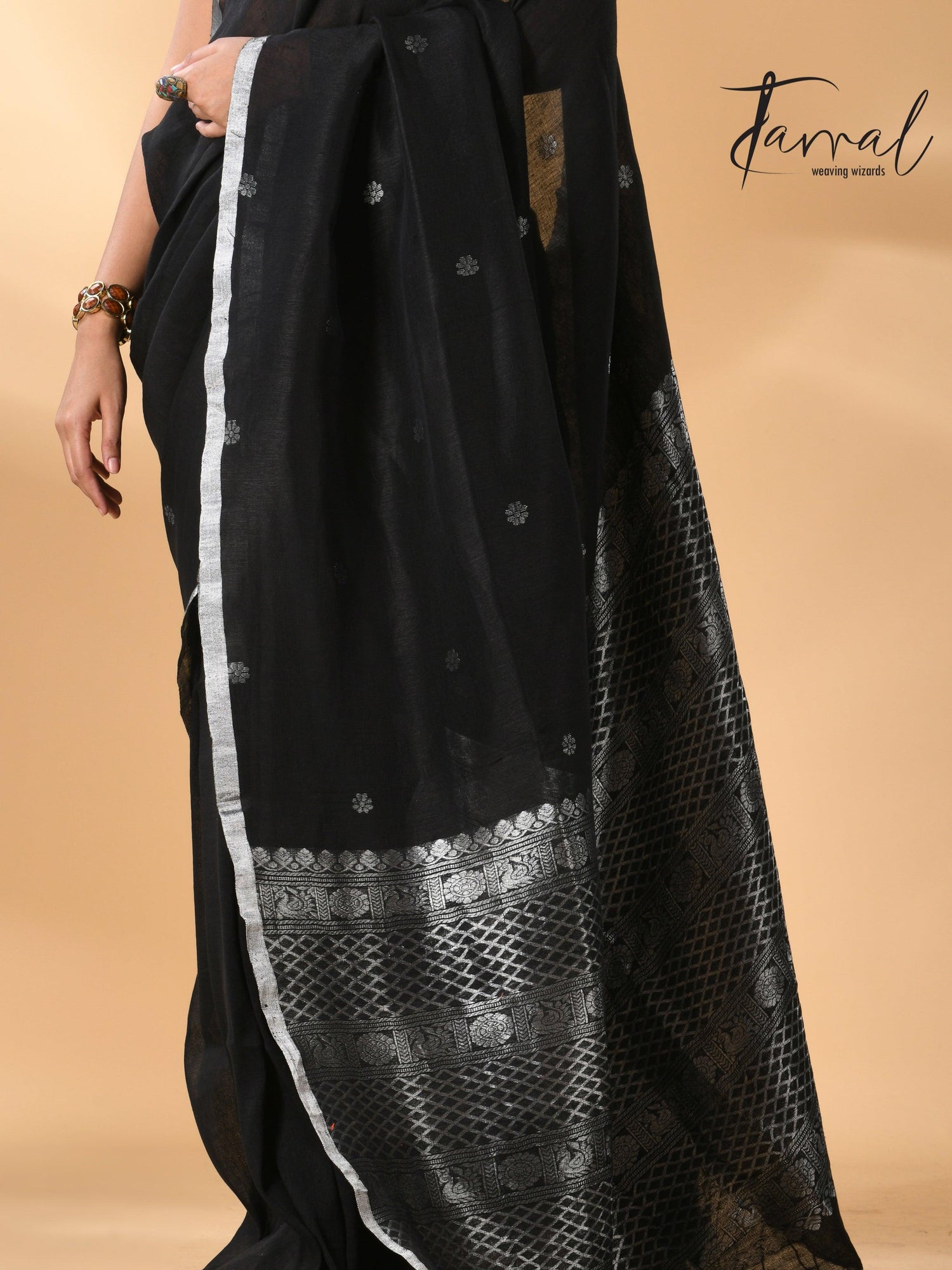 Black Pure Linen Handloom Saree with Silver Unique Border bottom