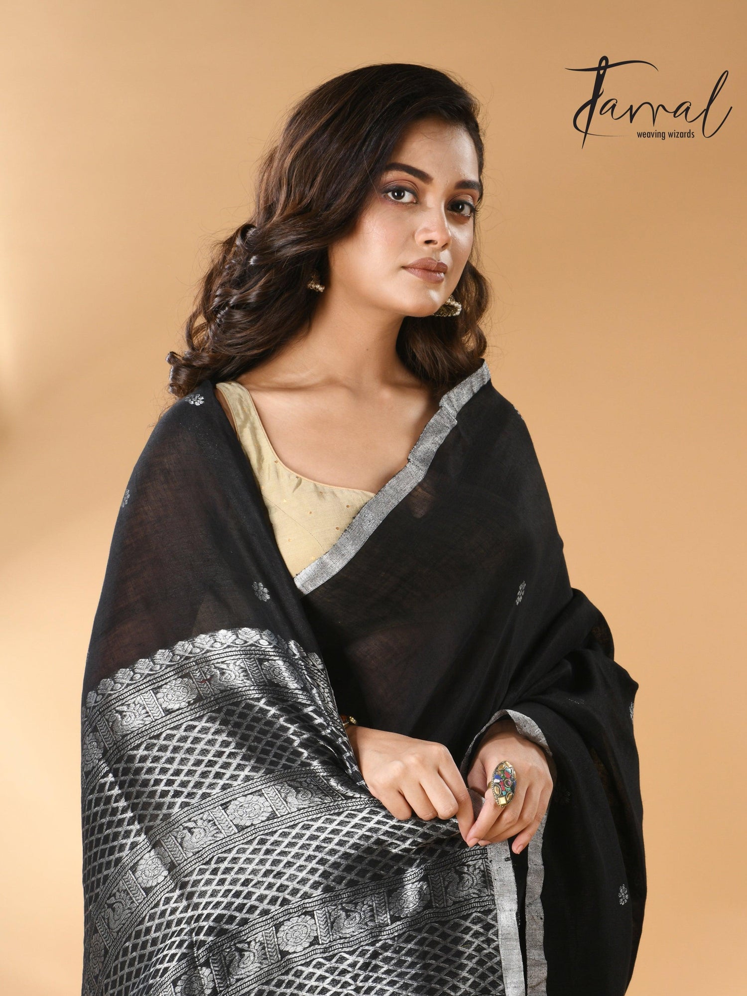 Black Pure Linen Handloom Saree with Silver Unique Border cls