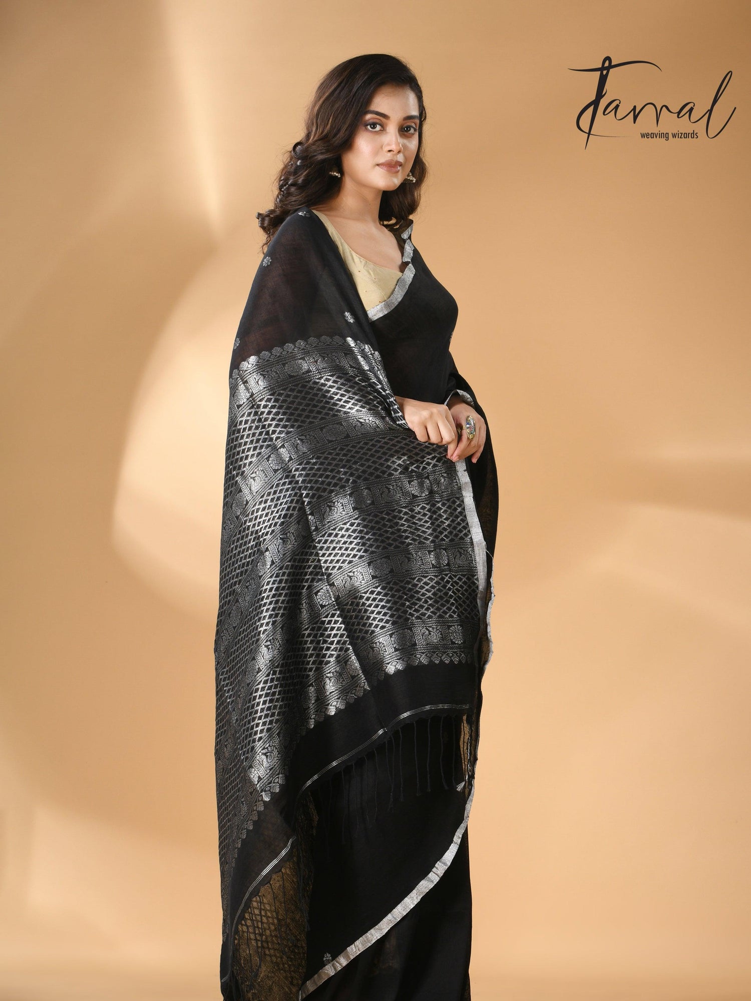 Black Pure Linen Handloom Saree with Silver Unique Border full1