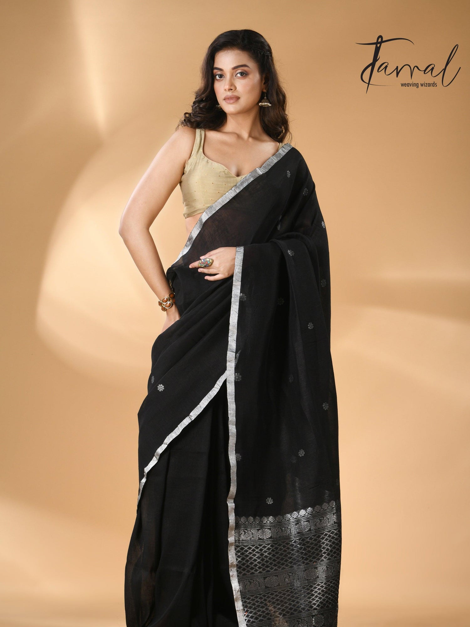 Black Pure Linen Handloom Saree with Silver Unique Border full2