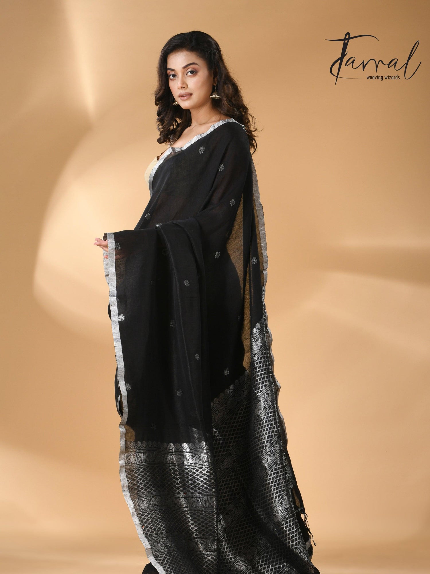 Black Pure Linen Handloom Saree with Silver Unique Border full